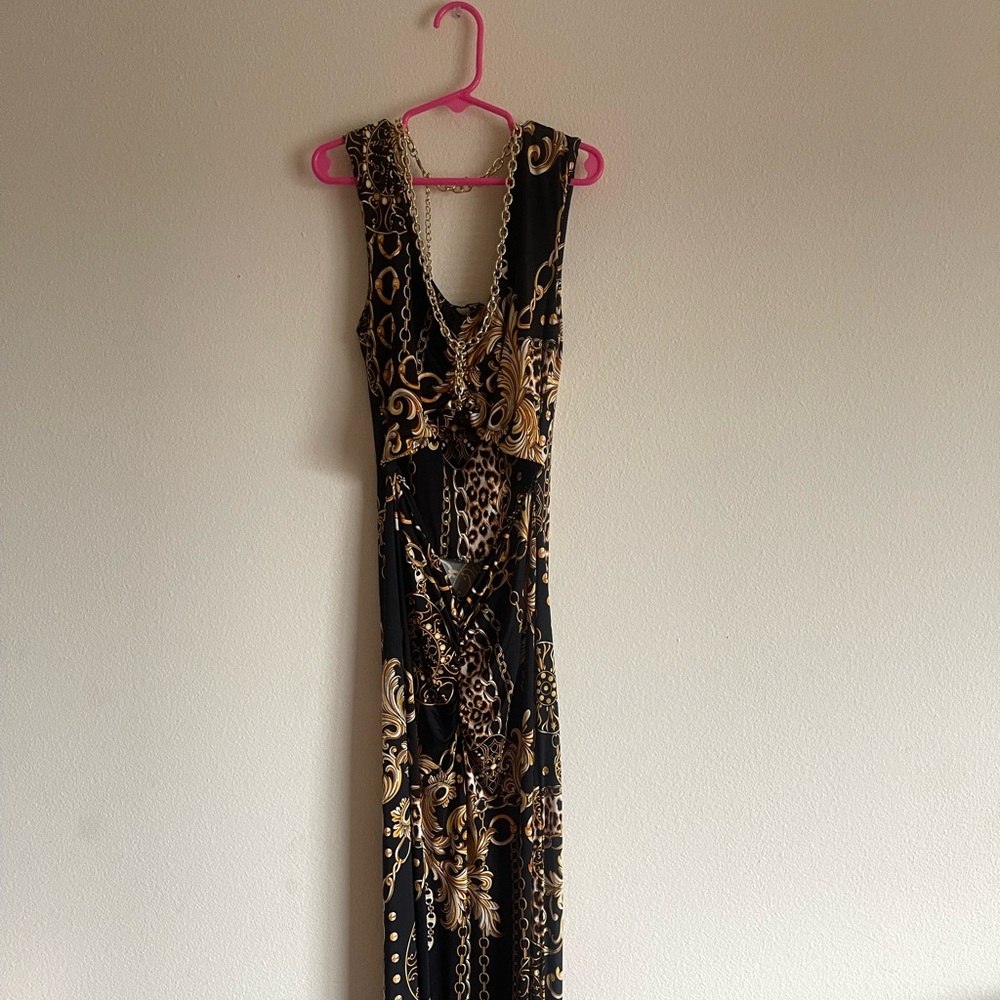Black and Gold Maxi Dress with gold chain halter detail